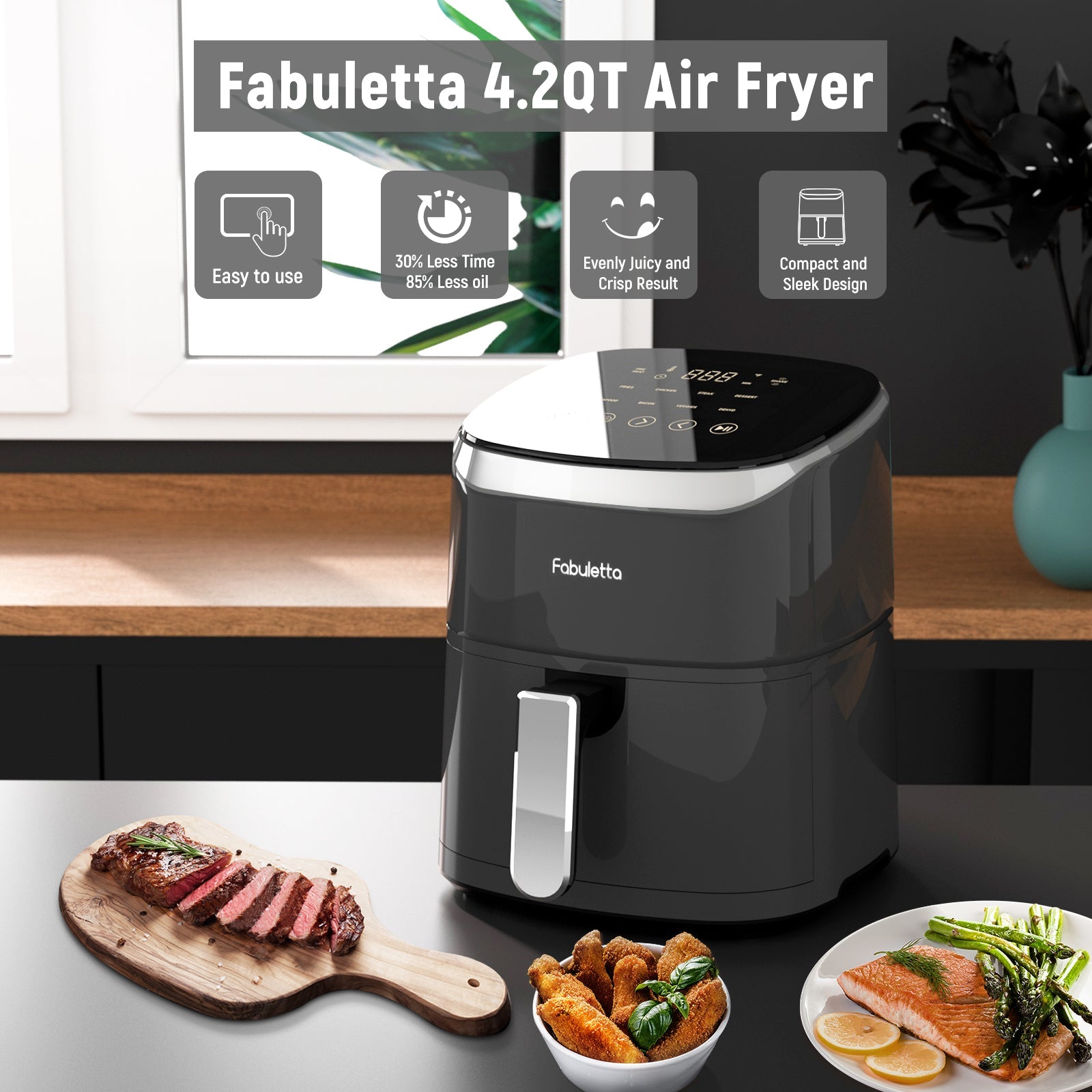 Air Fryer, Fabuletta 9 Cooking Functions Electric Air Fryers, Shake Reminder, Powerful 1550W Electric Hot Air Fryer Oilless Cooker, Tempered Glass