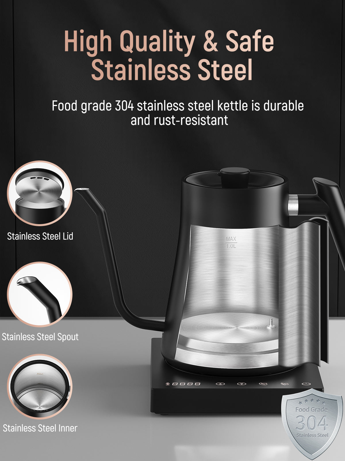 Gooseneck Electric Kettle Fabuletta 1500W Ultra Fast Boiling Water Kettle  100% Stainless Steel for Pour-over Coffee & Tea Leak-Proof Design French